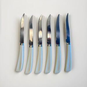 6- Vintage Quikut 8" Stainless Steel Serrated Steak Knife ~ 4" Blade Ivory Color